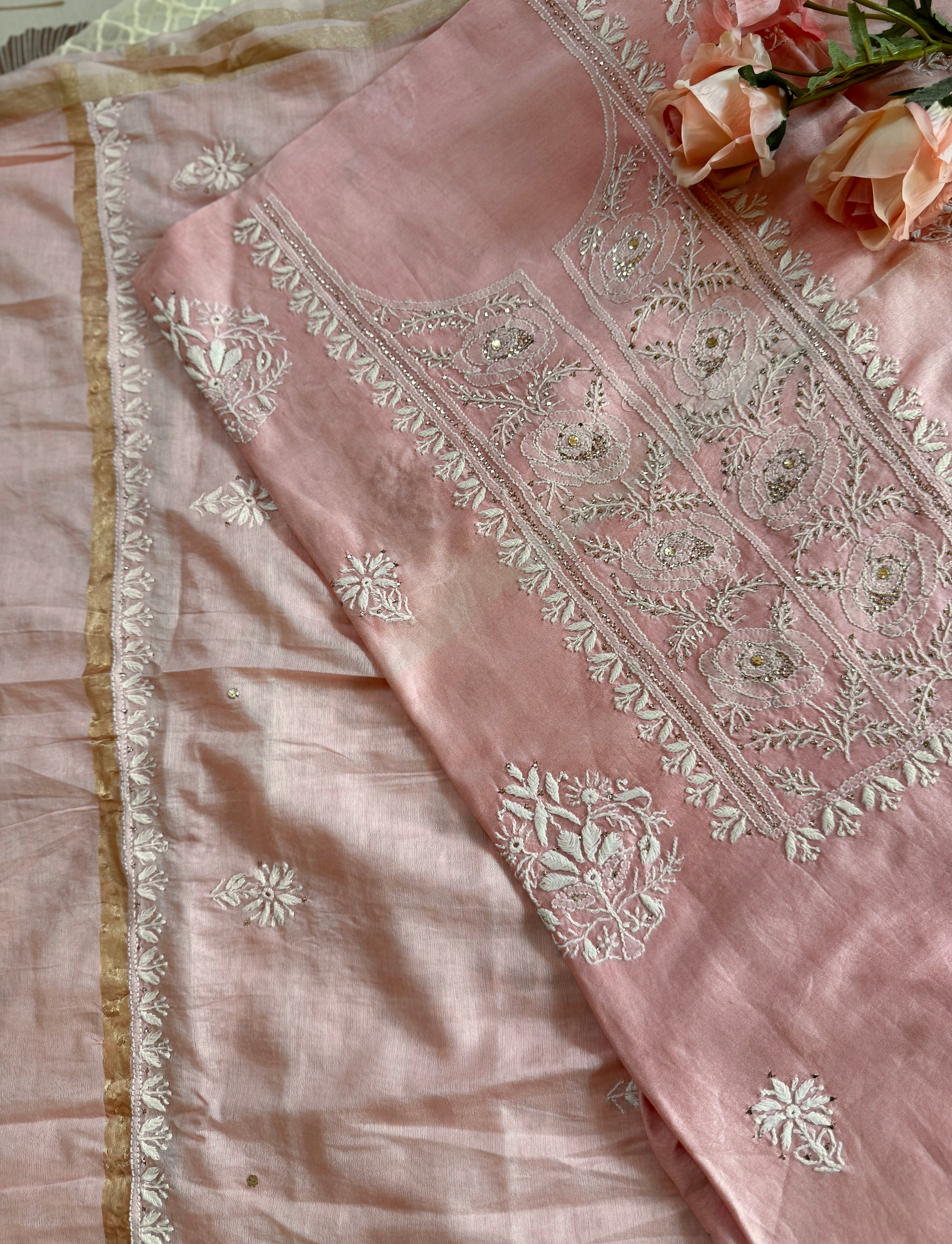 Mul Chanderi Unstitched Suit with Mukaish Work and Dupatta