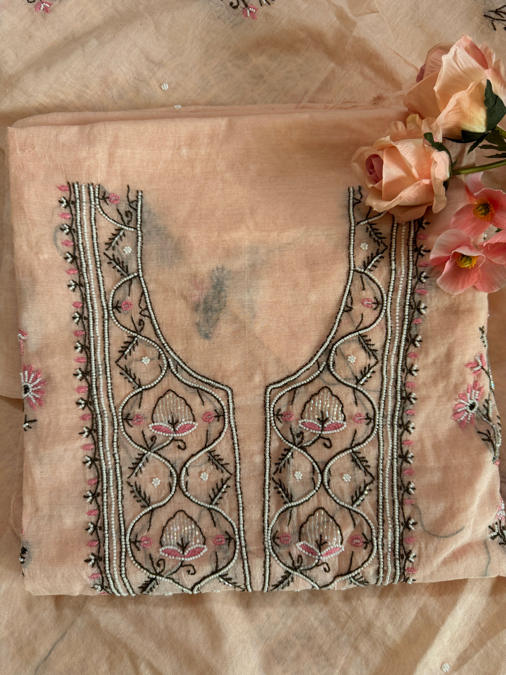 Chanderi Unstitched Suit with Moti and Cutdana work
