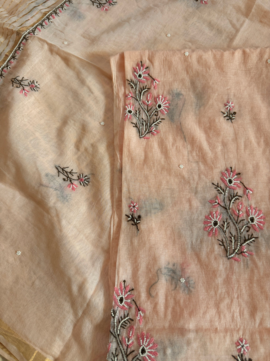 Chanderi Unstitched Suit with Moti and Cutdana work