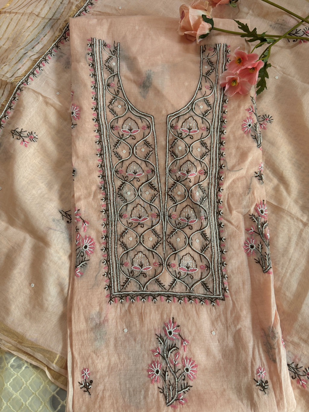 Chanderi Unstitched Suit with Moti and Cutdana work