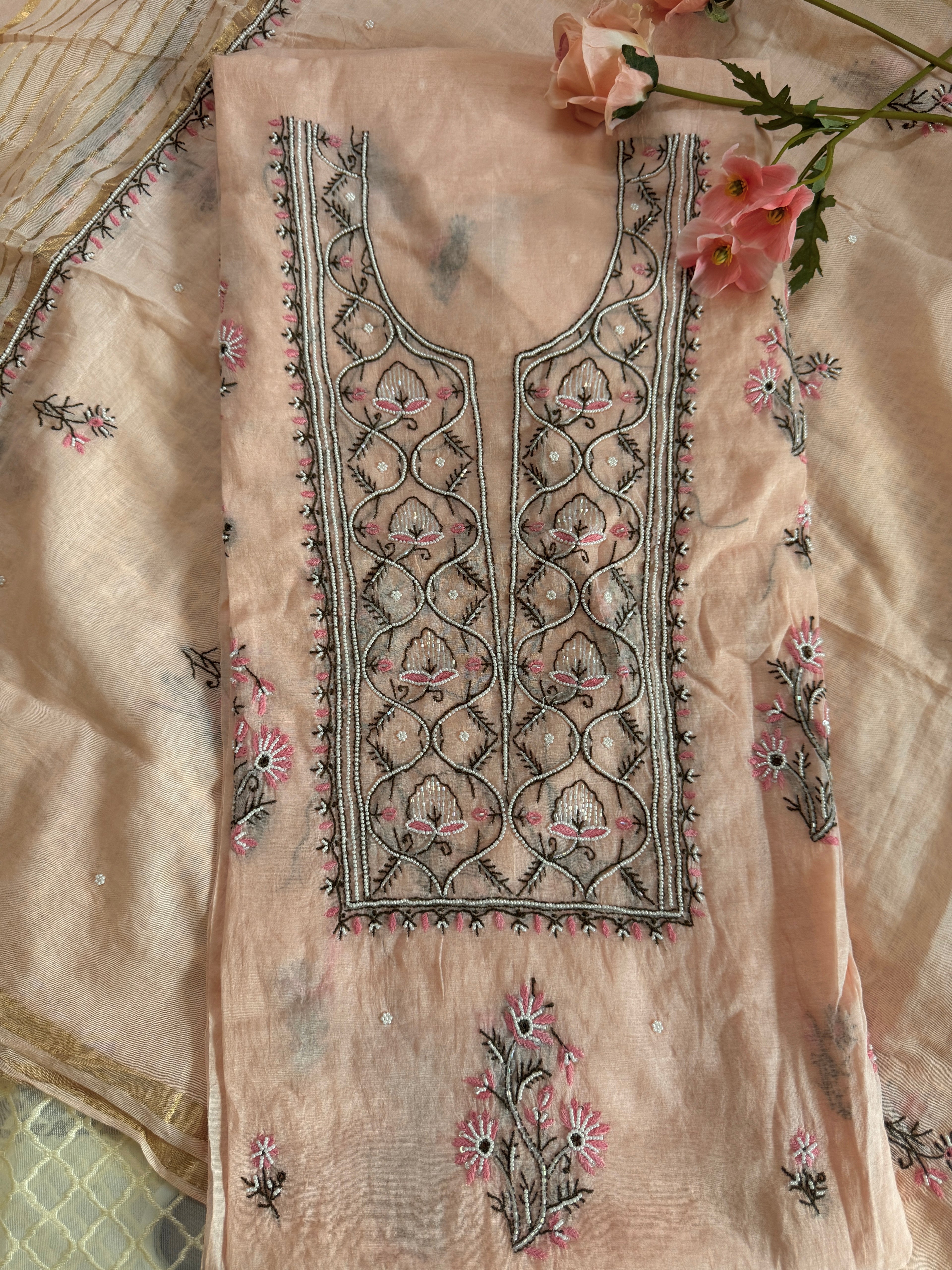 Chanderi Unstitched Suit with Moti and Cutdana work