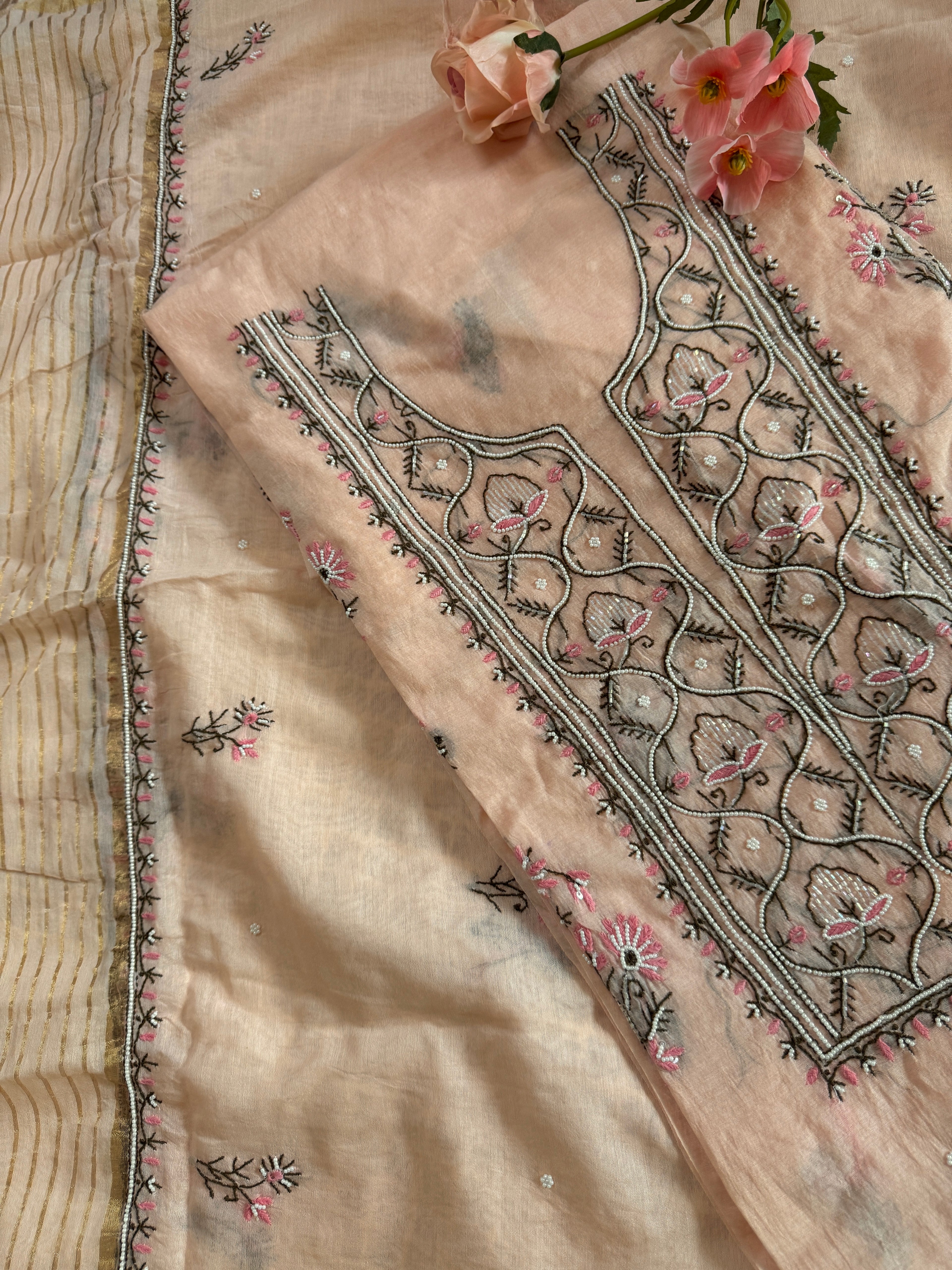 Chanderi Unstitched Suit with Moti and Cutdana work