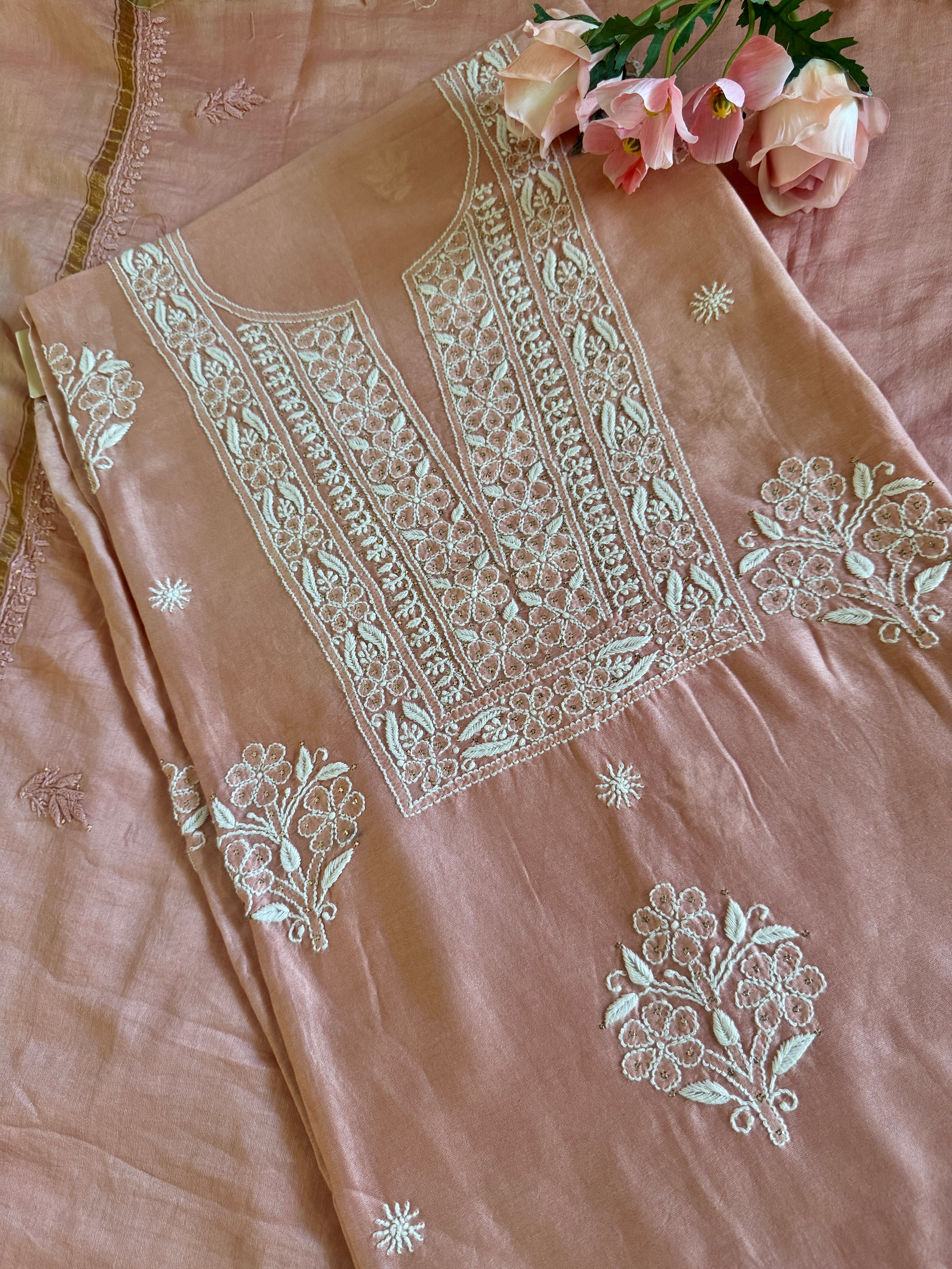 Mul Chanderi Unstitched Suit with Mukaish Work and Dupatta