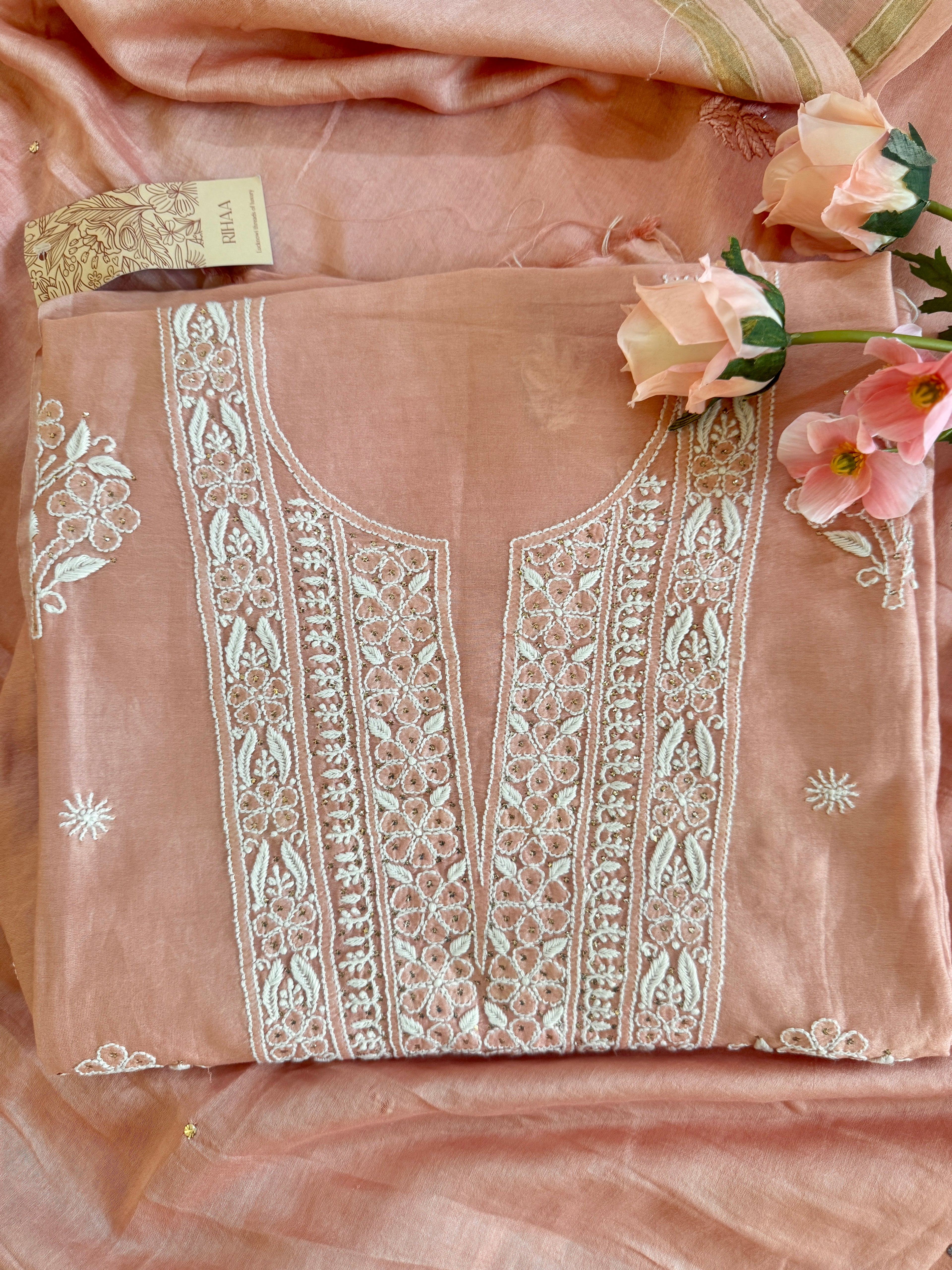 Mul Chanderi Unstitched Suit with Mukaish Work and Dupatta