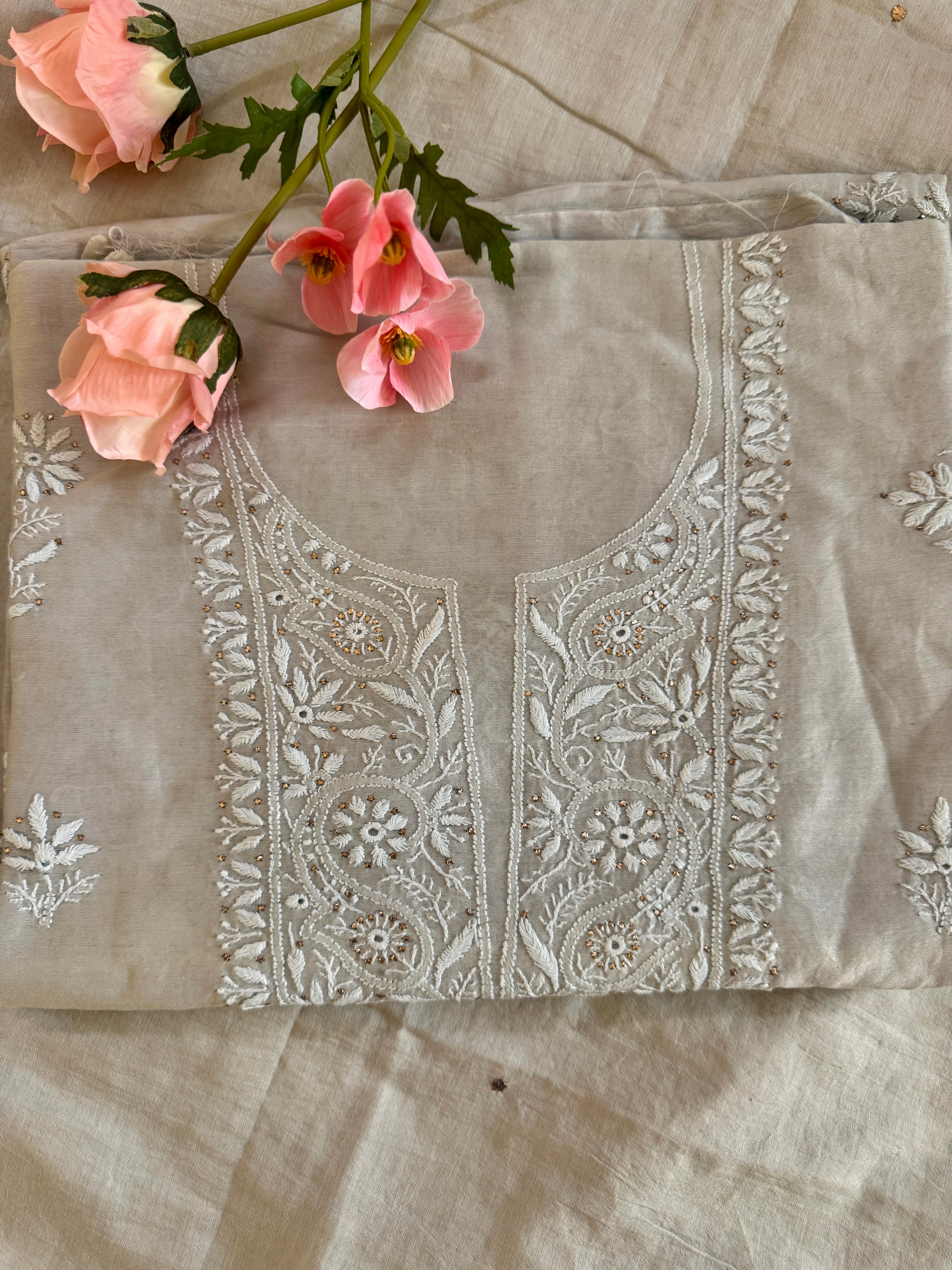 Mul Chanderi Unstitched Suit with Mukaish Work and Dupatta