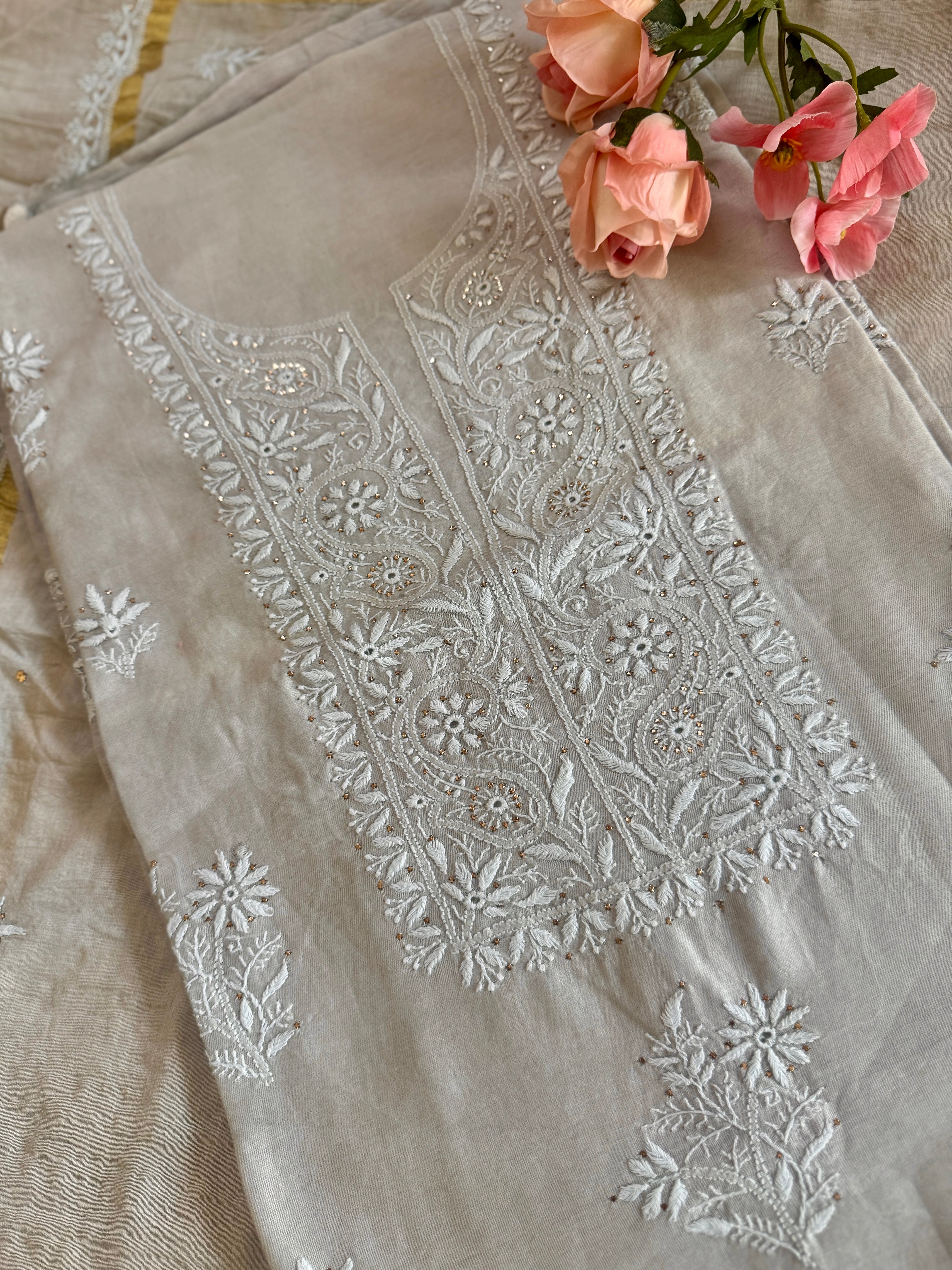 Mul Chanderi Unstitched Suit with Mukaish Work and Dupatta