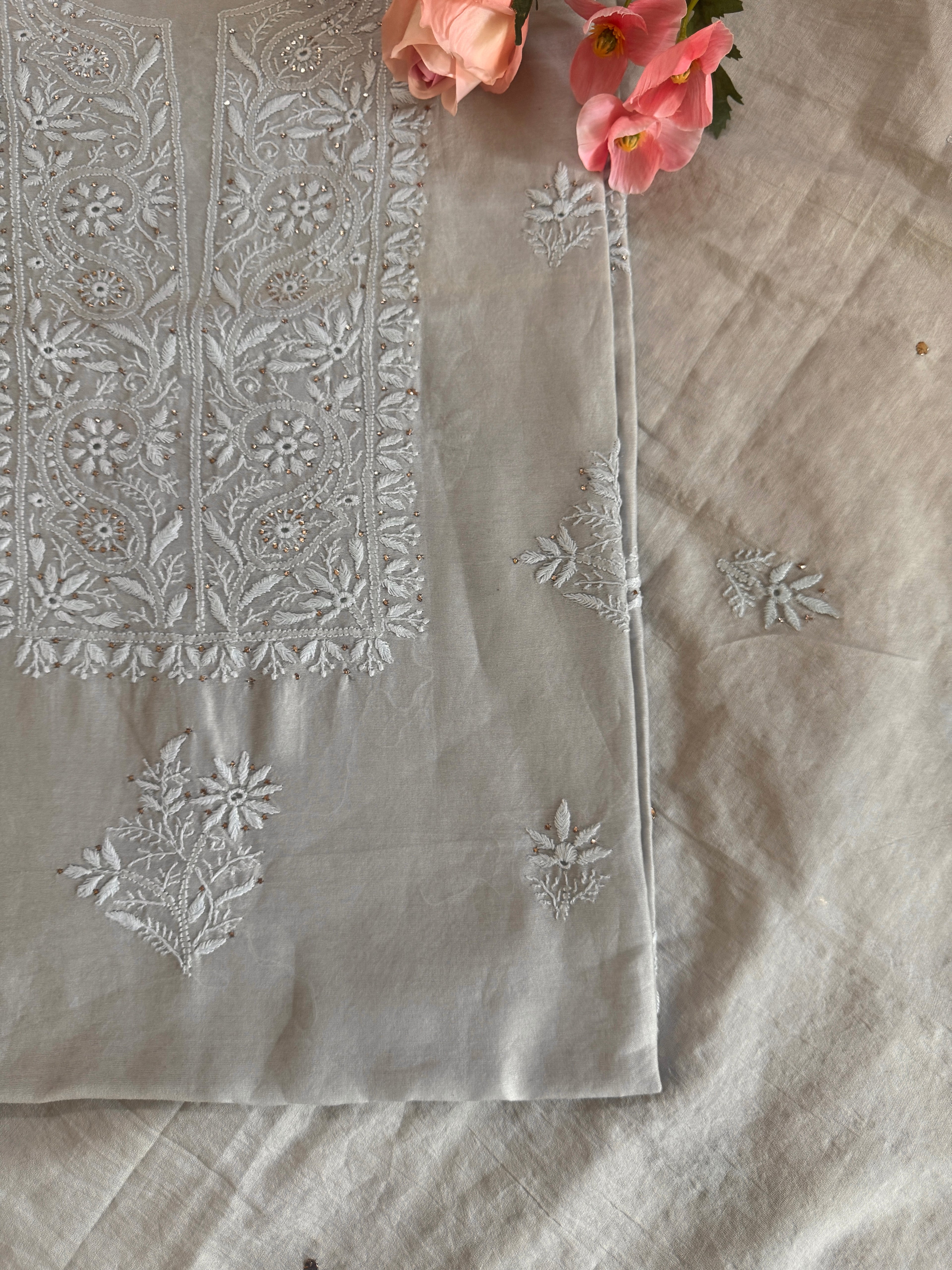 Mul Chanderi Unstitched Suit with Mukaish Work and Dupatta
