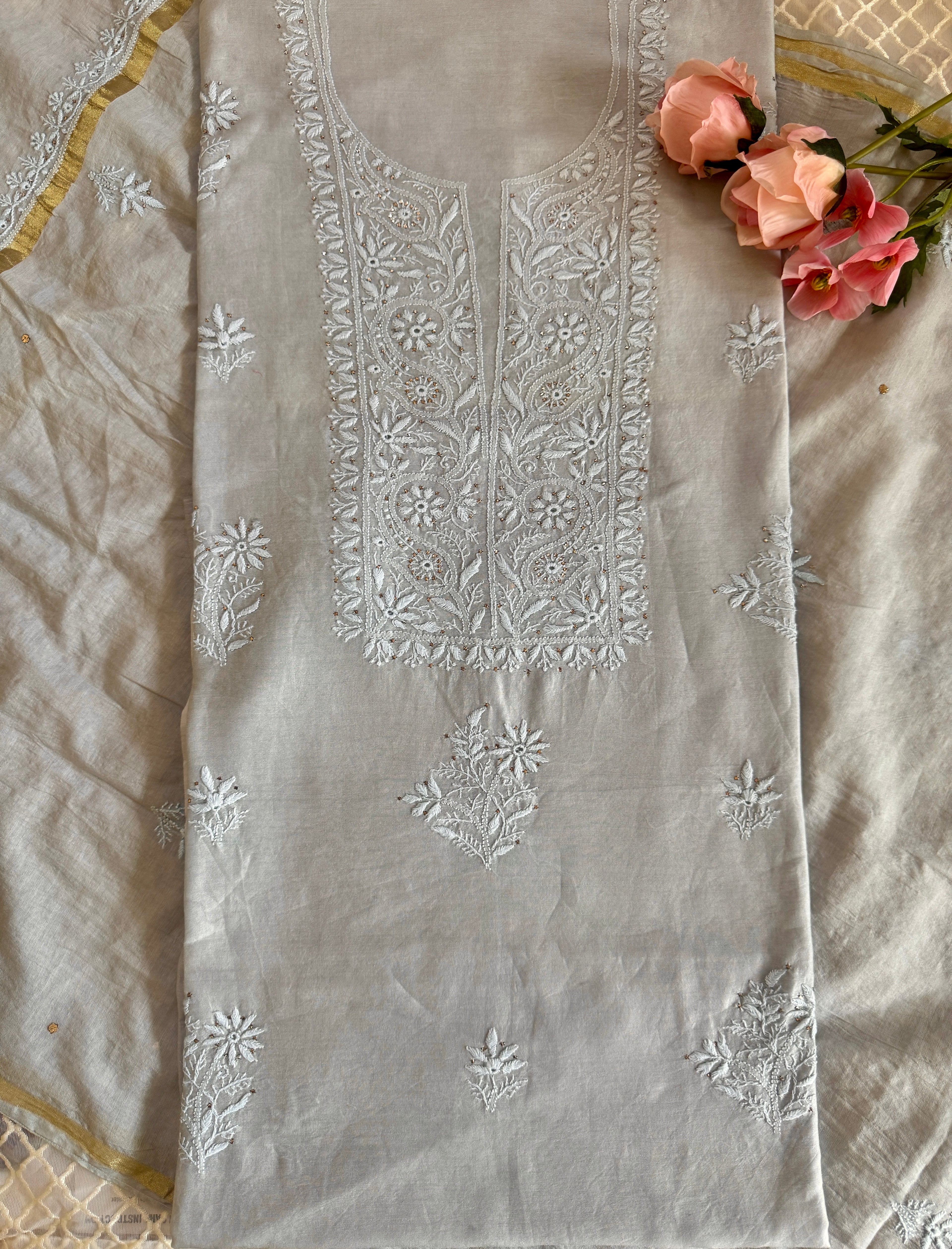 Mul Chanderi Unstitched Suit with Mukaish Work and Dupatta