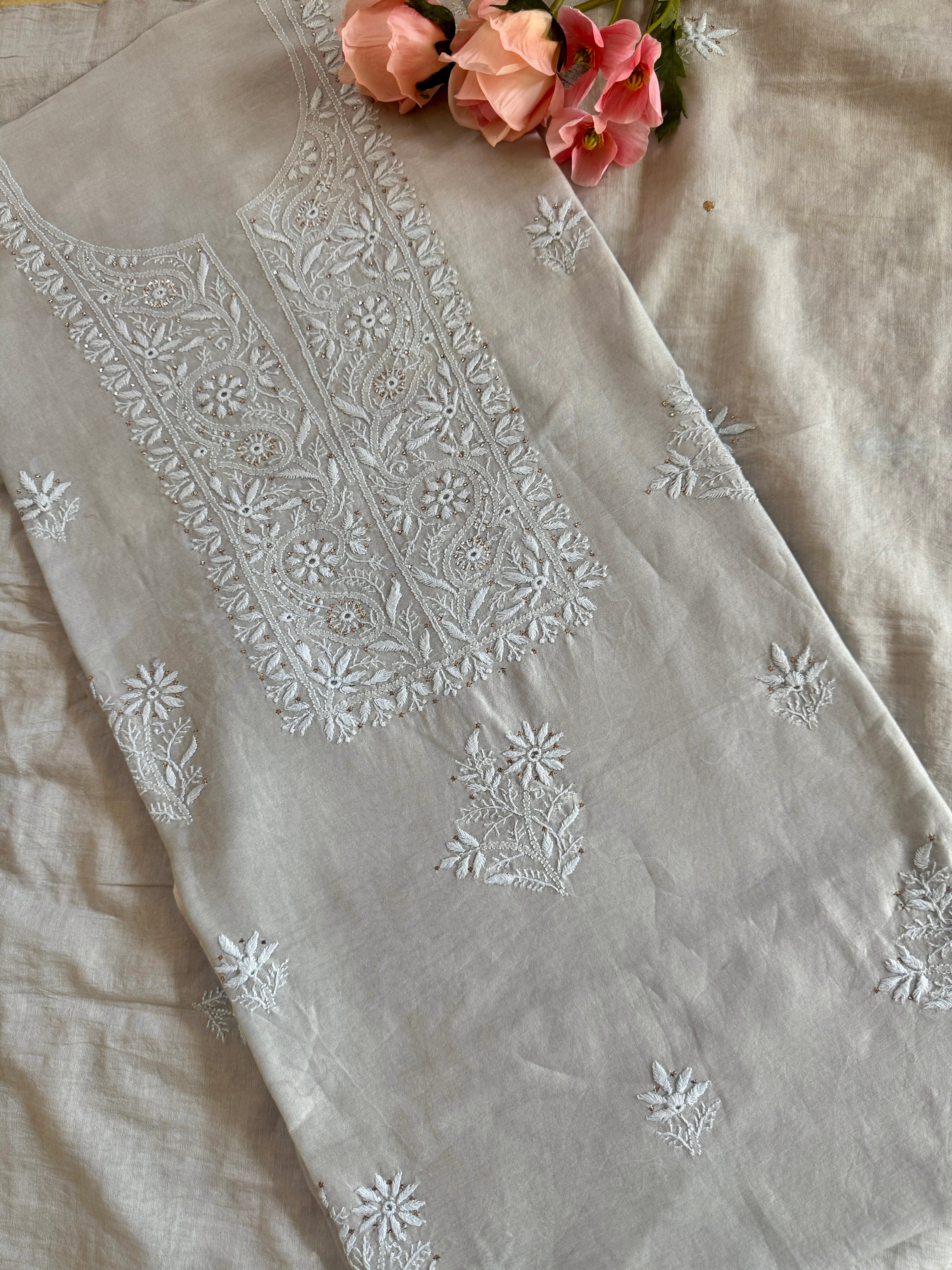 Mul Chanderi Unstitched Suit with Mukaish Work and Dupatta