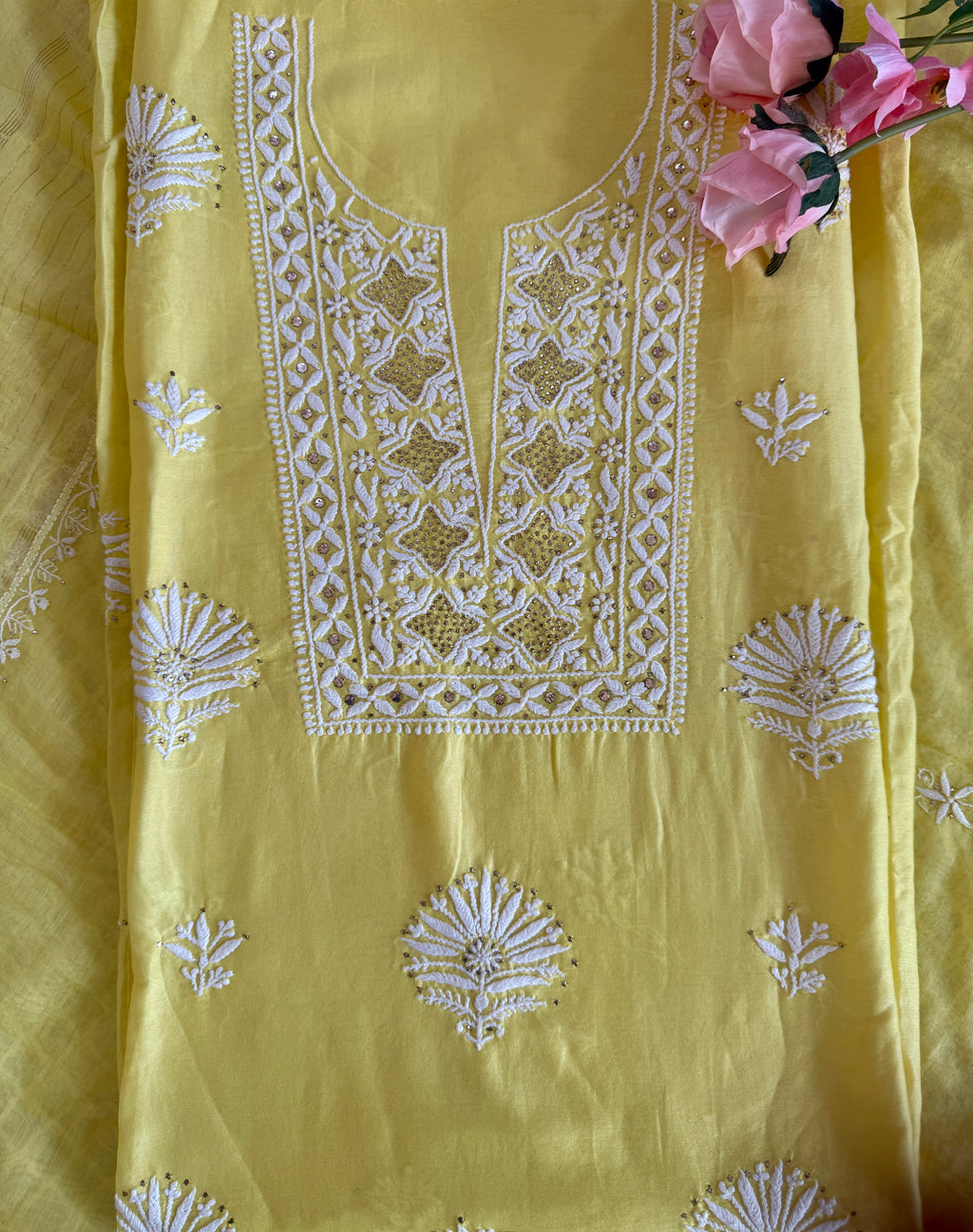 Mul Chanderi Unstitched Suit with Mukaish Work