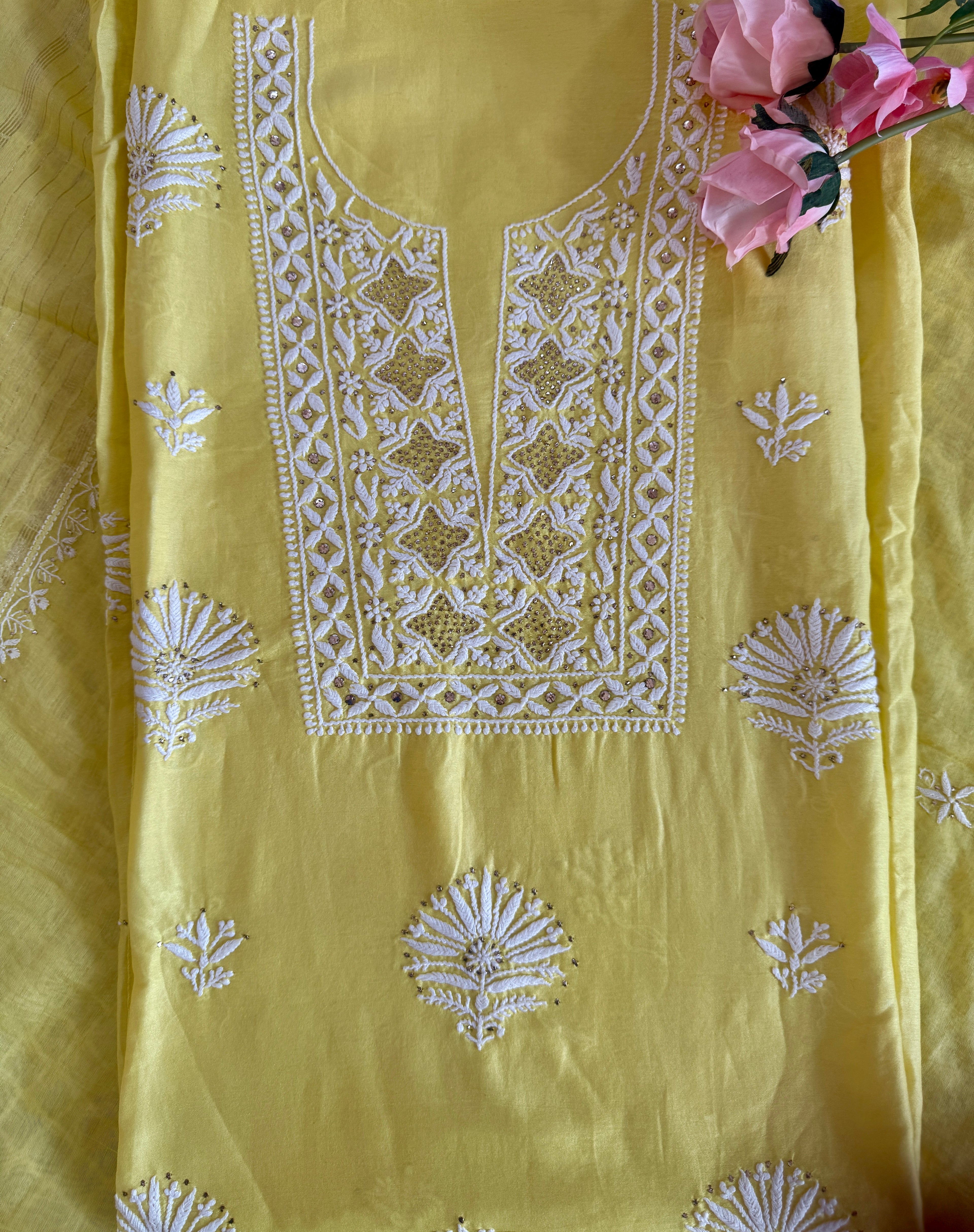 Mul Chanderi Unstitched Suit with Mukaish Work