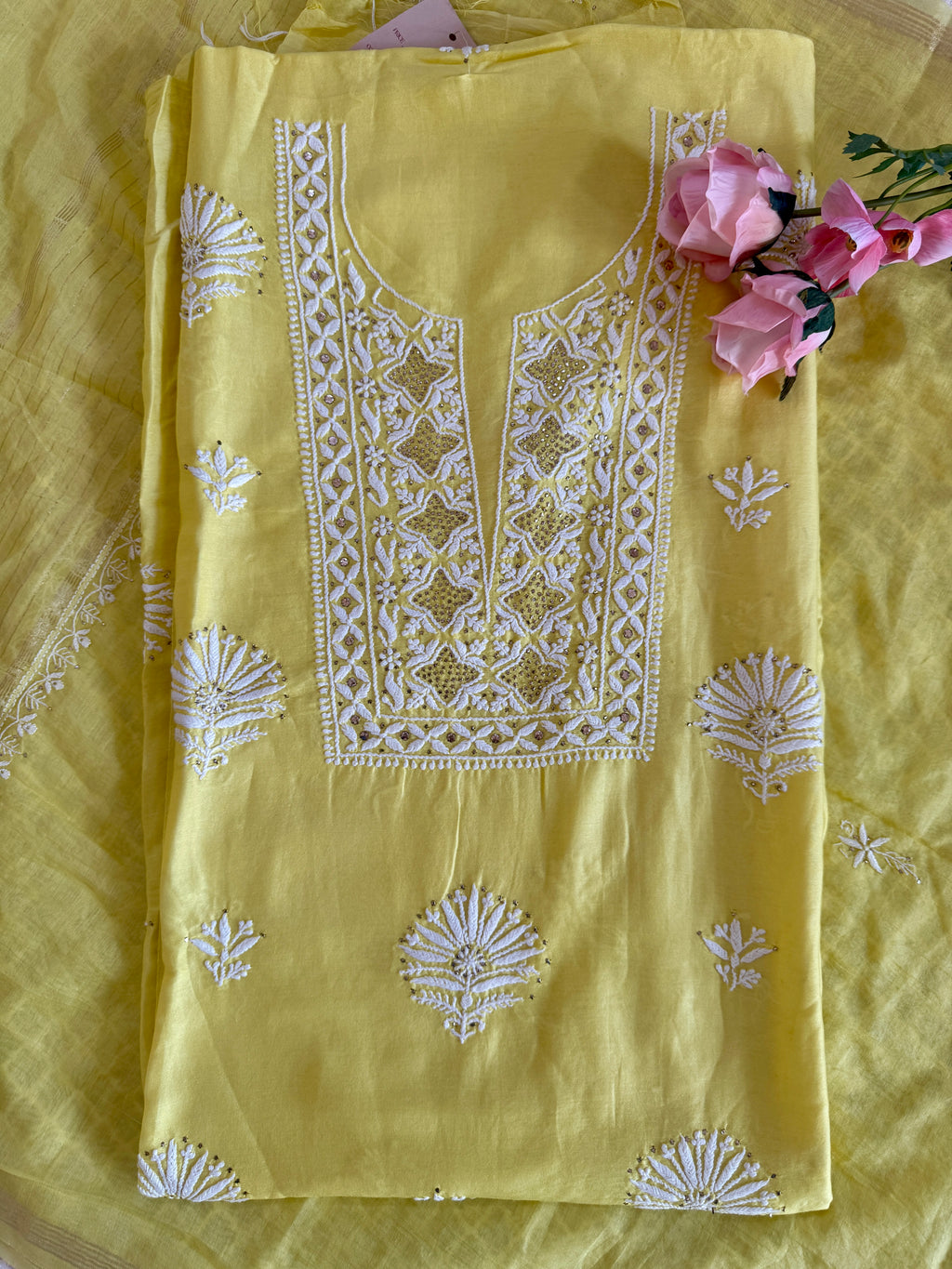 Mul Chanderi Unstitched Suit with Mukaish Work