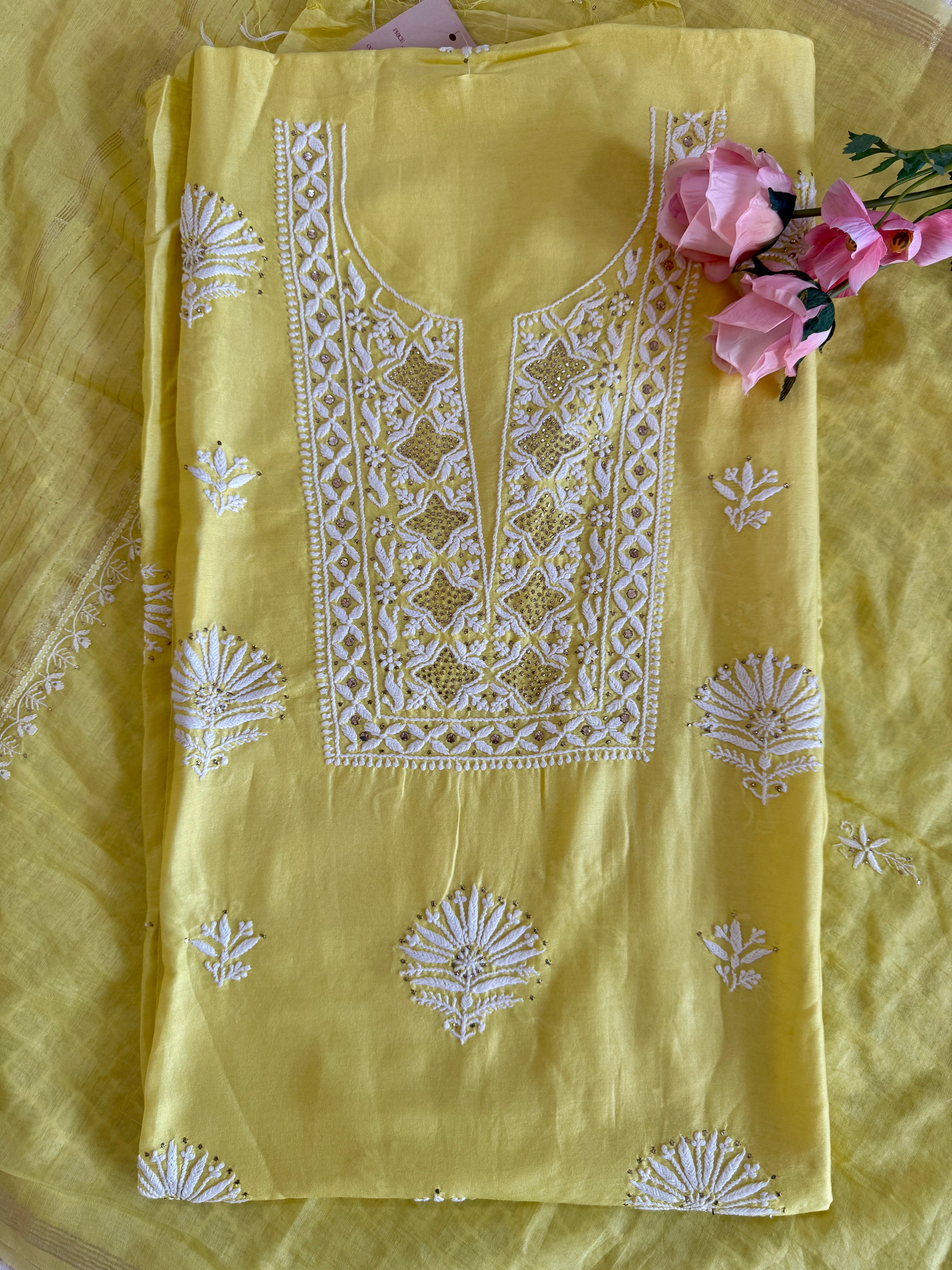 Mul Chanderi Unstitched Suit with Mukaish Work