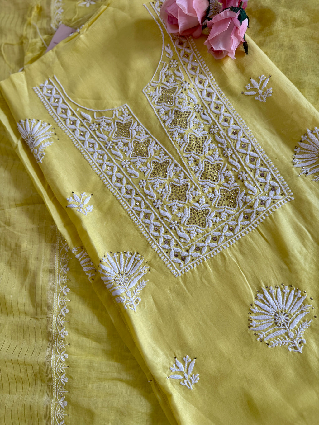 Mul Chanderi Unstitched Suit with Mukaish Work