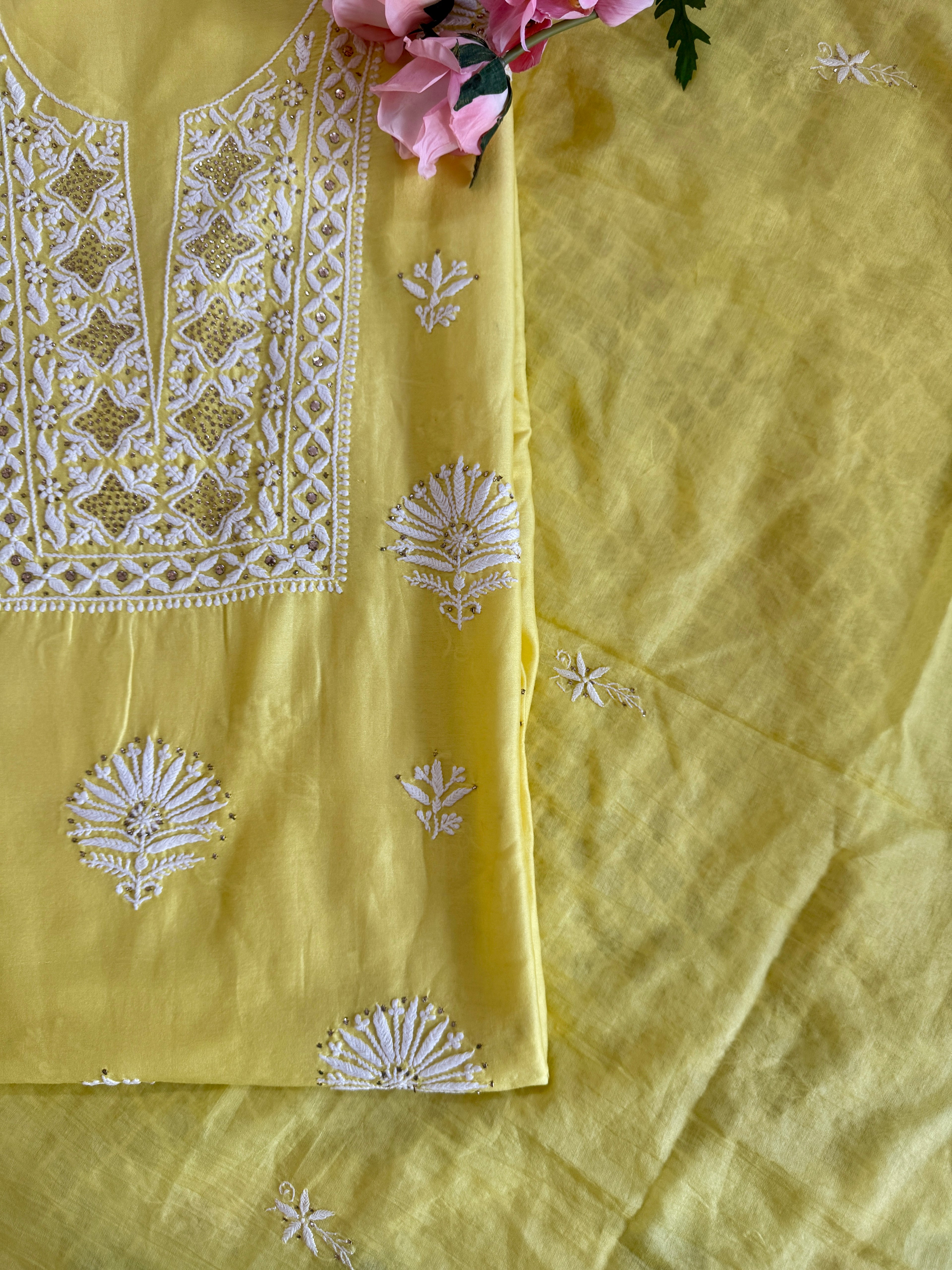 Mul Chanderi Unstitched Suit with Mukaish Work