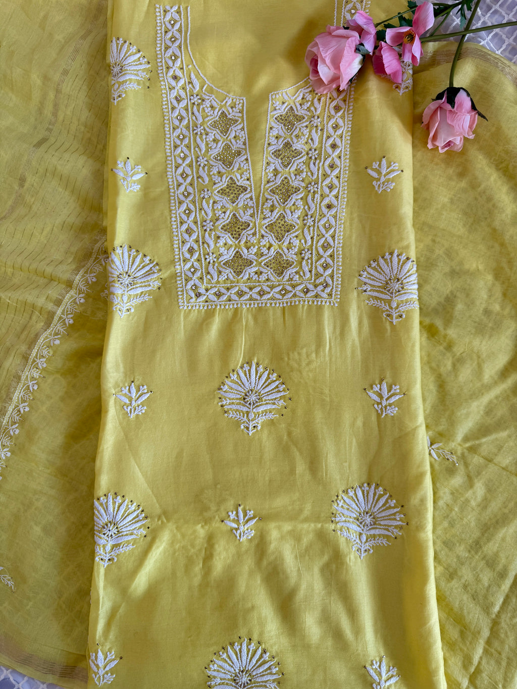 Mul Chanderi Unstitched Suit with Mukaish Work