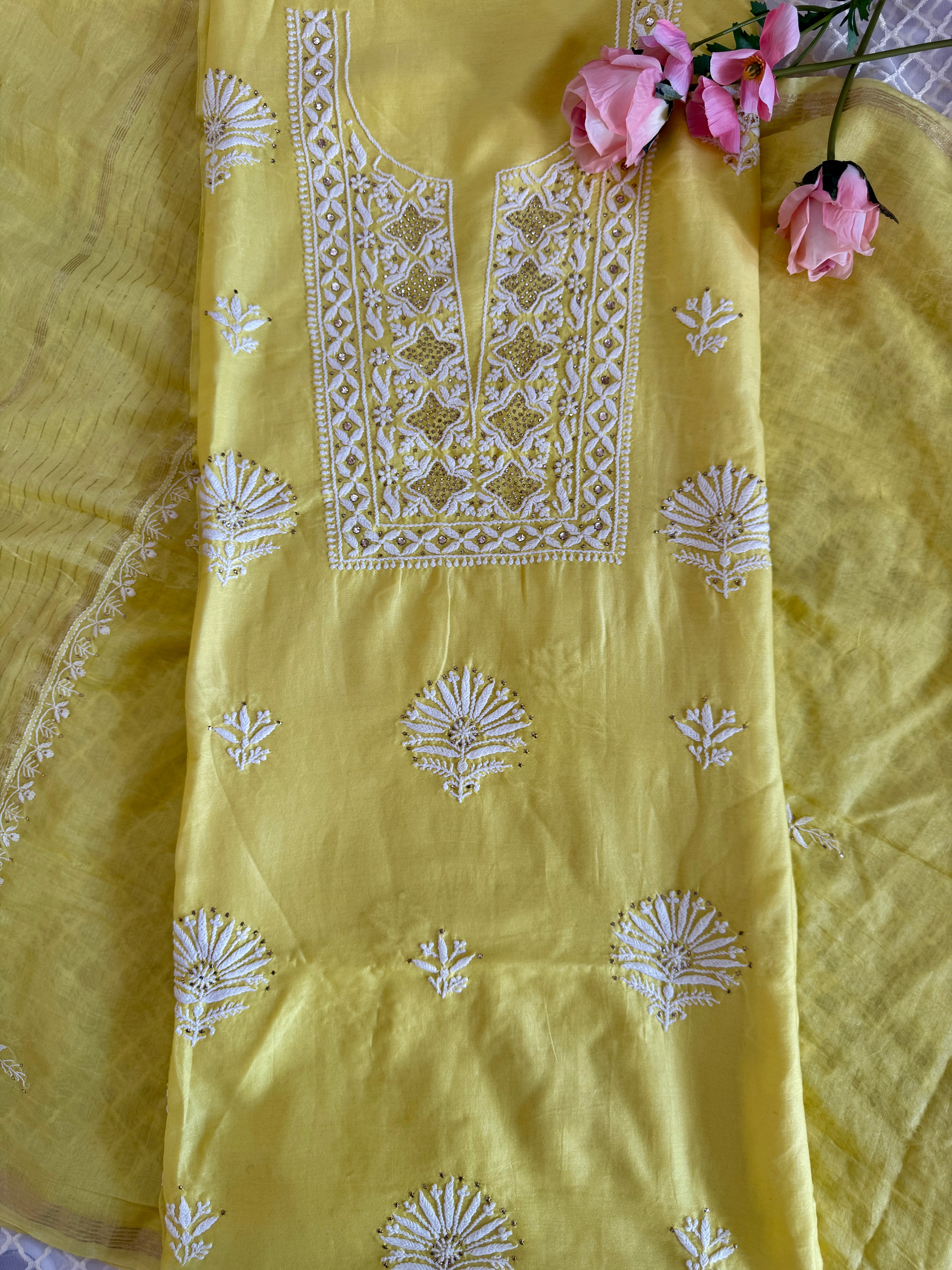 Mul Chanderi Unstitched Suit with Mukaish Work