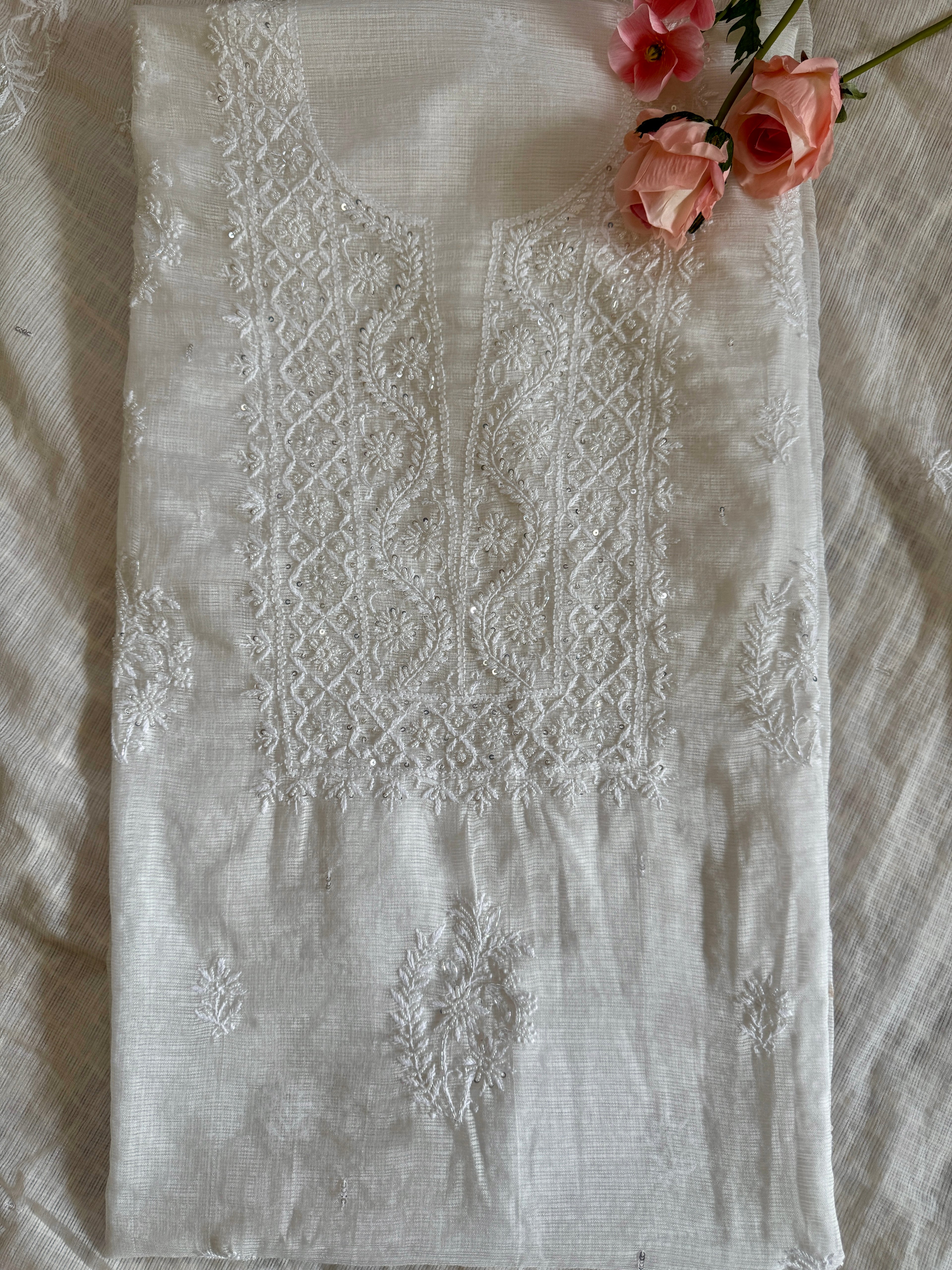 Pure Kota Unstitched Suit with Moti Embellishments