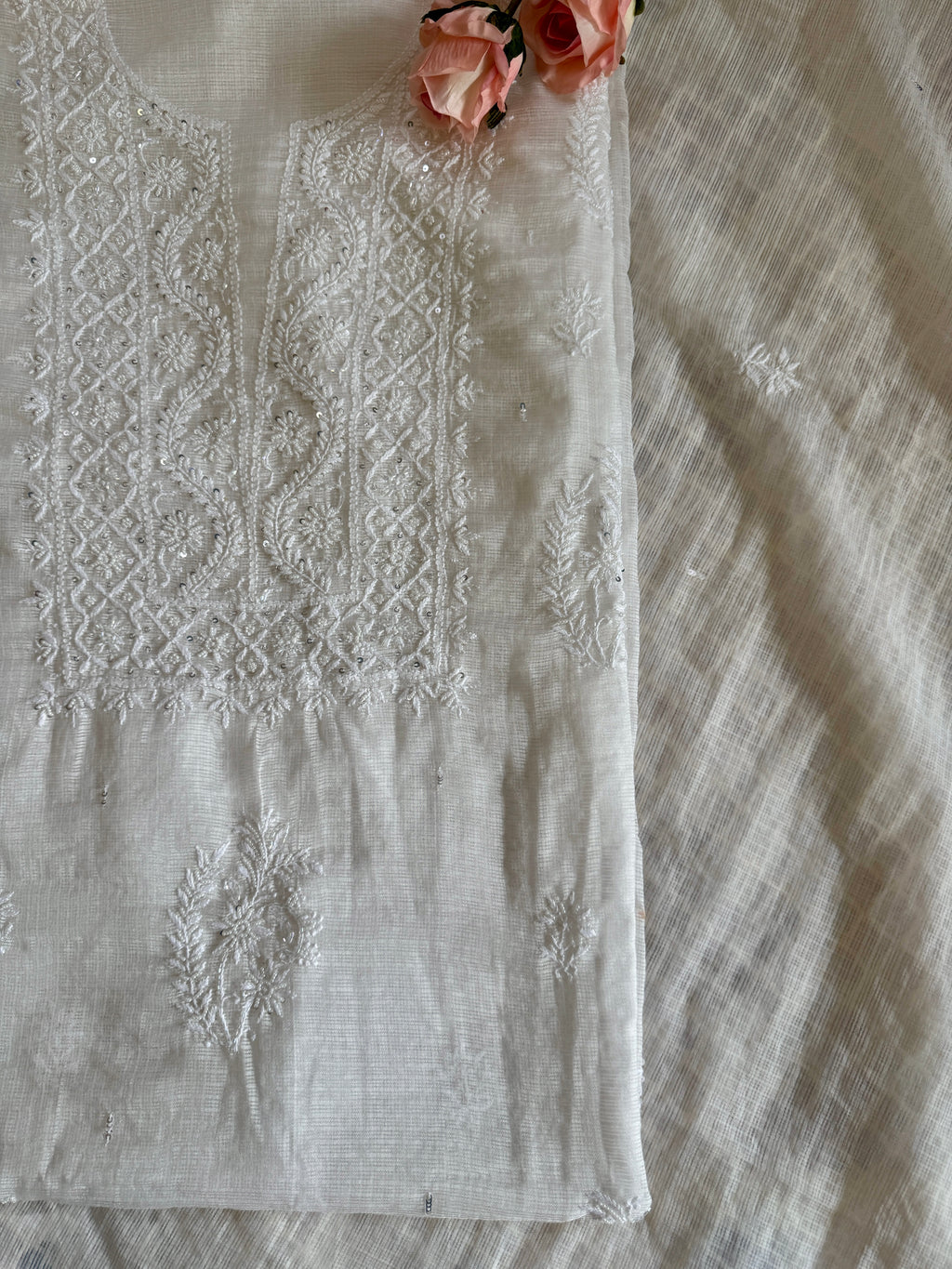 Pure Kota Unstitched Suit with Moti Embellishments