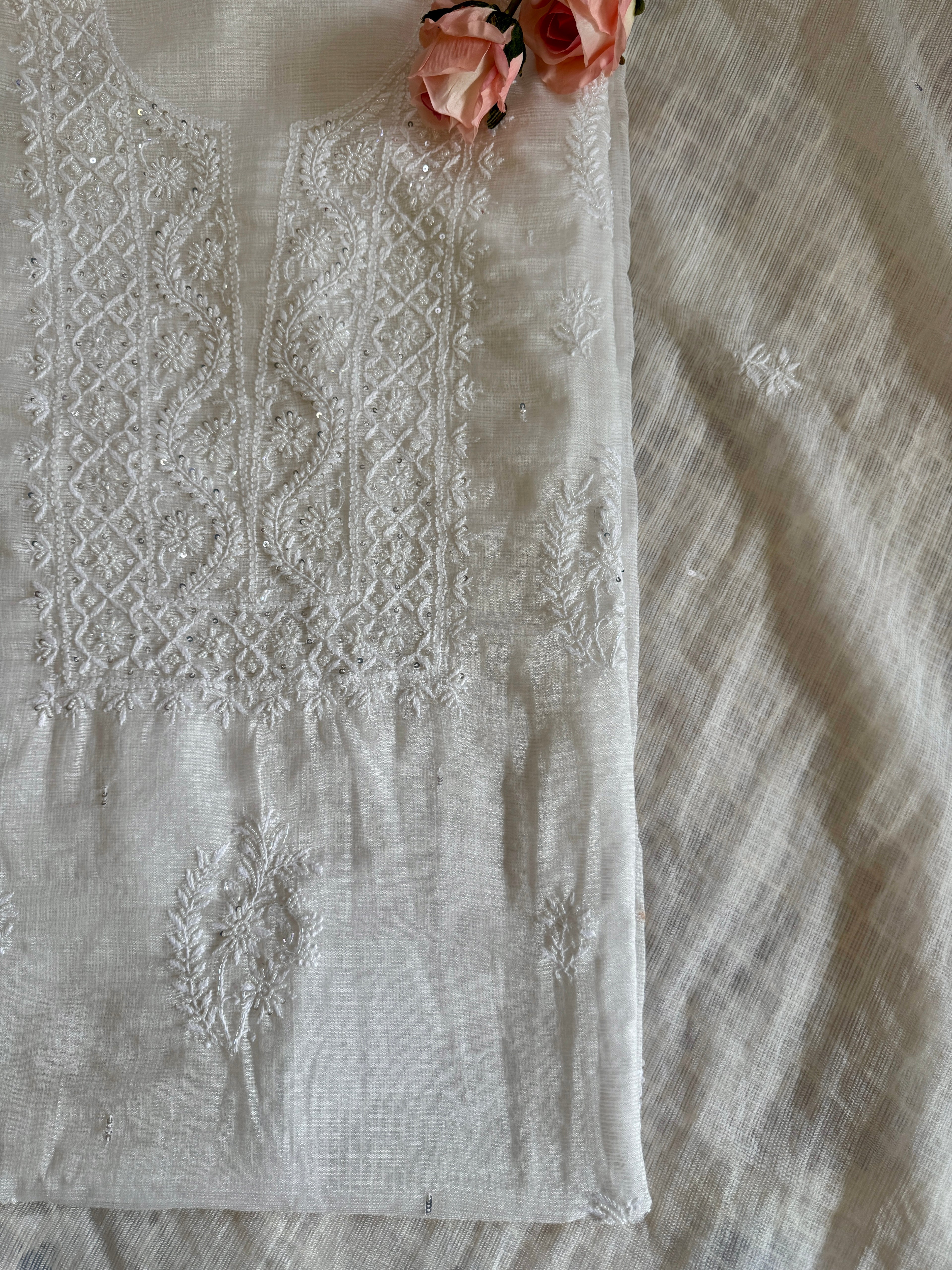 Pure Kota Unstitched Suit with Moti Embellishments