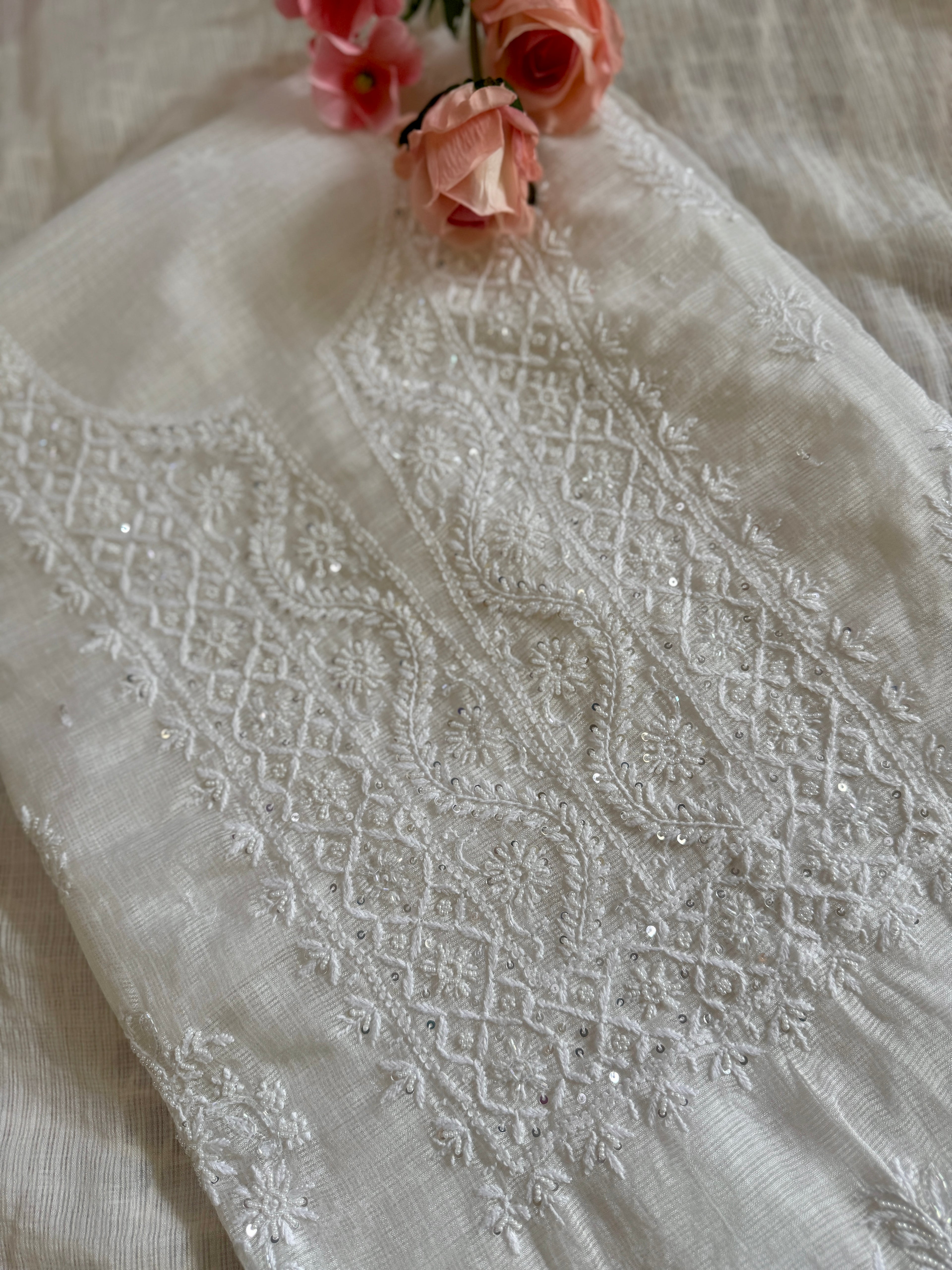 Pure Kota Unstitched Suit with Moti Embellishments