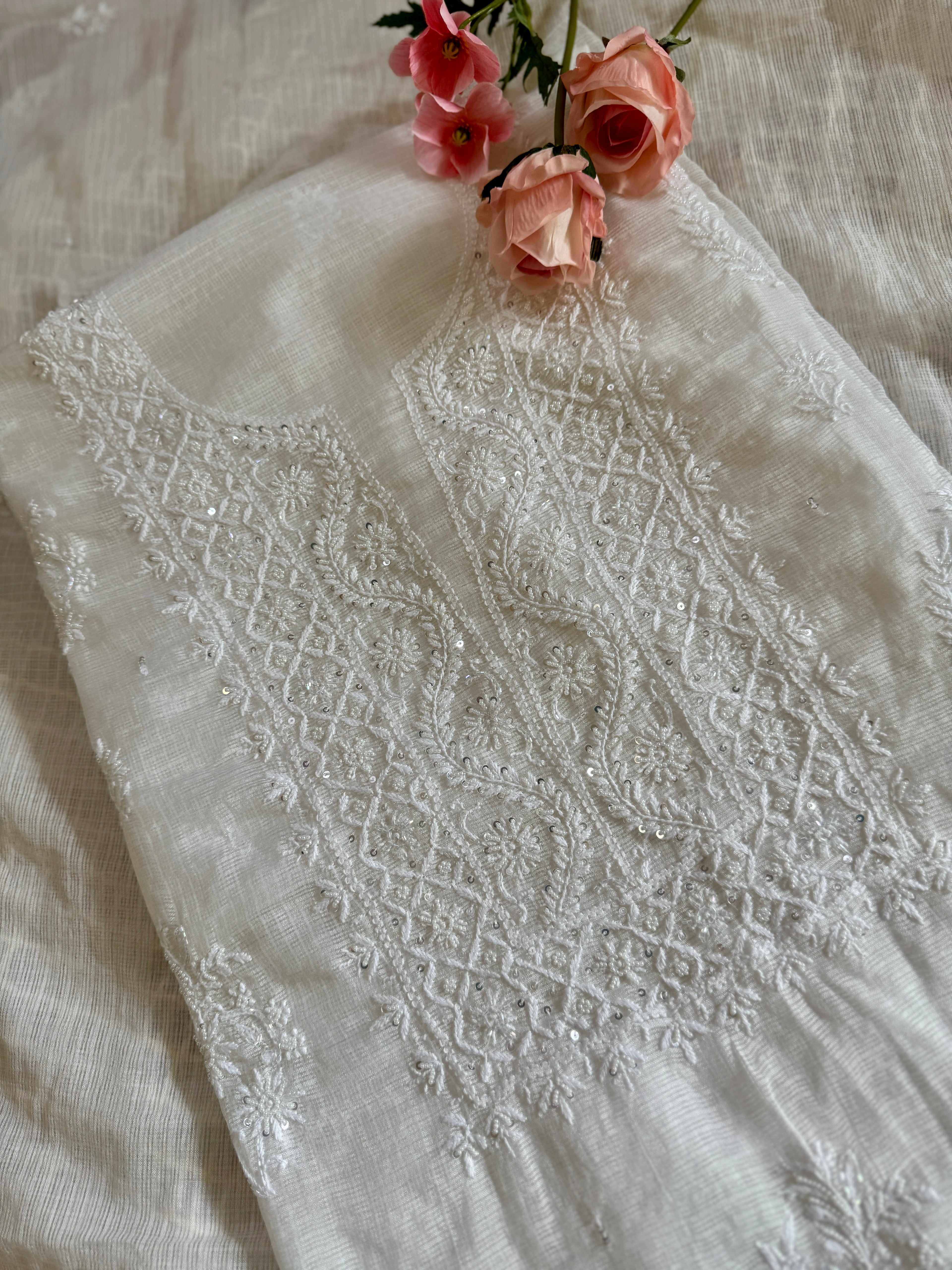 Pure Kota Unstitched Suit with Moti Embellishments