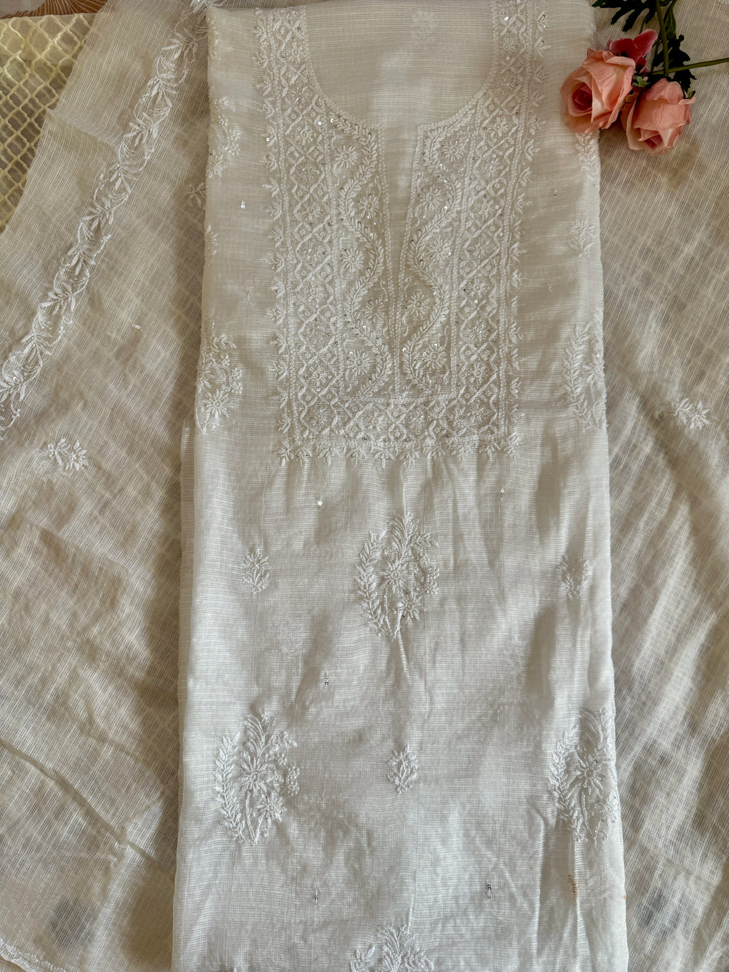 Pure Kota Unstitched Suit with Moti Embellishments