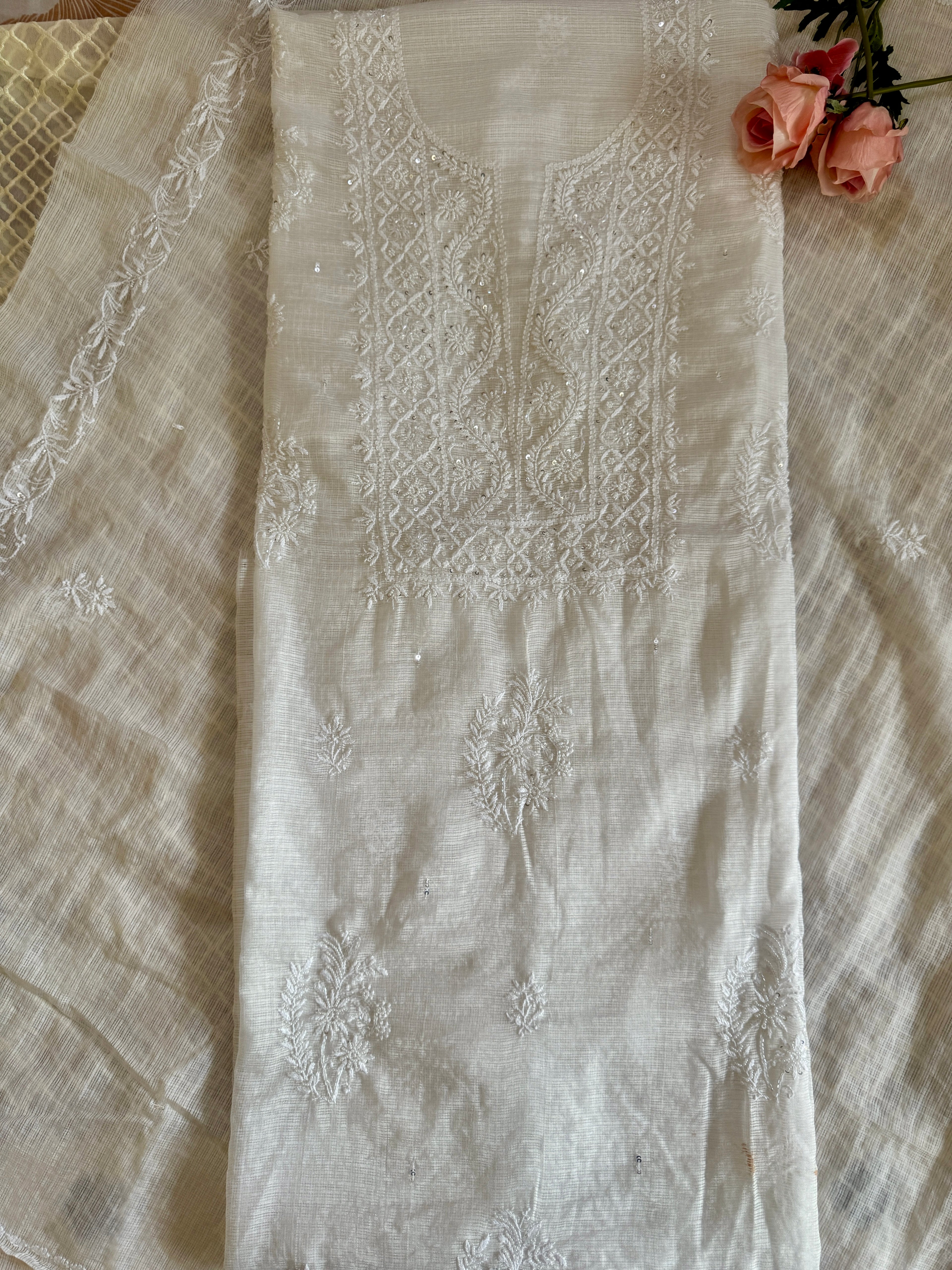 Pure Kota Unstitched Suit with Moti Embellishments